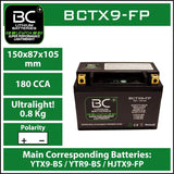 BC Lithium Batteries BCTX9-FP Batteria Moto al Litio LiFePO4, 0,8 kg, 12V, HJTX9-FP / YTX7A-BS / YTX9-BS / YTR9-BS - BC Battery Controller